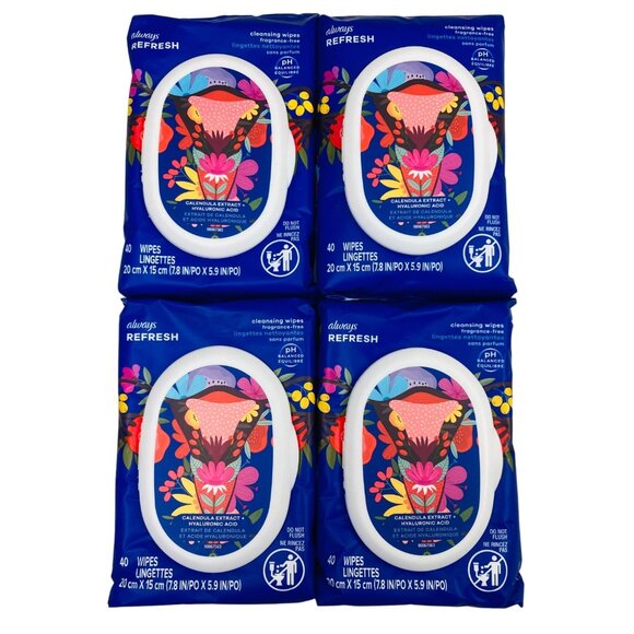 Always Refresh Cleansing Wipes 40 Count Pack Of 4 PH Balanced For Sensitive Skin - Picture 1 of 2
